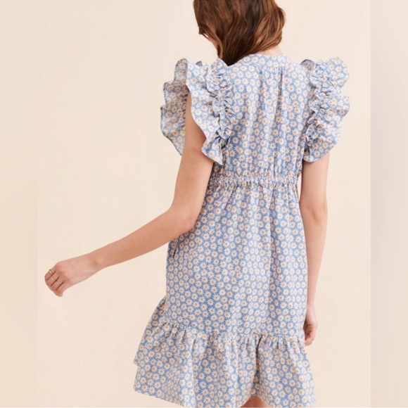 By Anthropologie Ruffle Short Sleeve Mini Dress Blue Floral Tie Waist Size Large - Picture 2 of 11